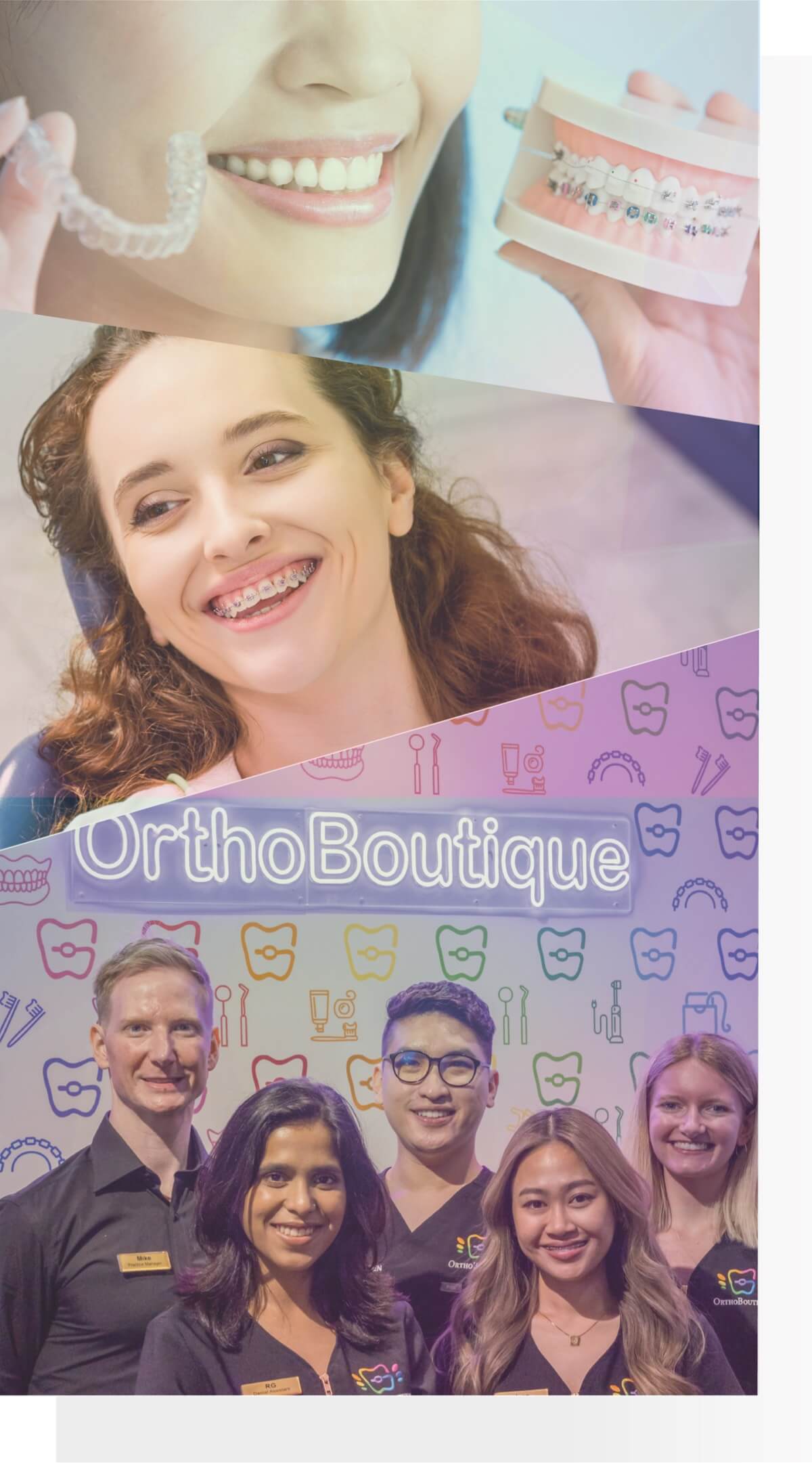 OrthoBoutique - collage image of A woman smiling with braces and a group of dentists, representing OrthoBoutique's dedication to providing quality orthodontic care with a team of skilled professionals